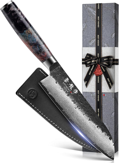 7 Inch Japanese Santoku Knife, Hand-Forged Damascus VG10 Steel Core