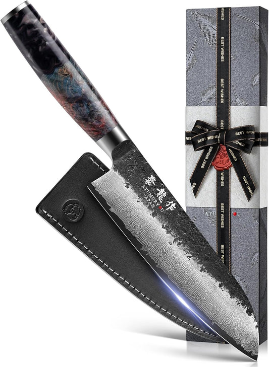 7 Inch Japanese Santoku Knife, Hand-Forged Damascus VG10 Steel Core