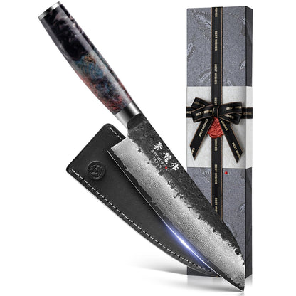 7 Inch Japanese Santoku Knife, Hand-Forged Damascus VG10 Steel Core