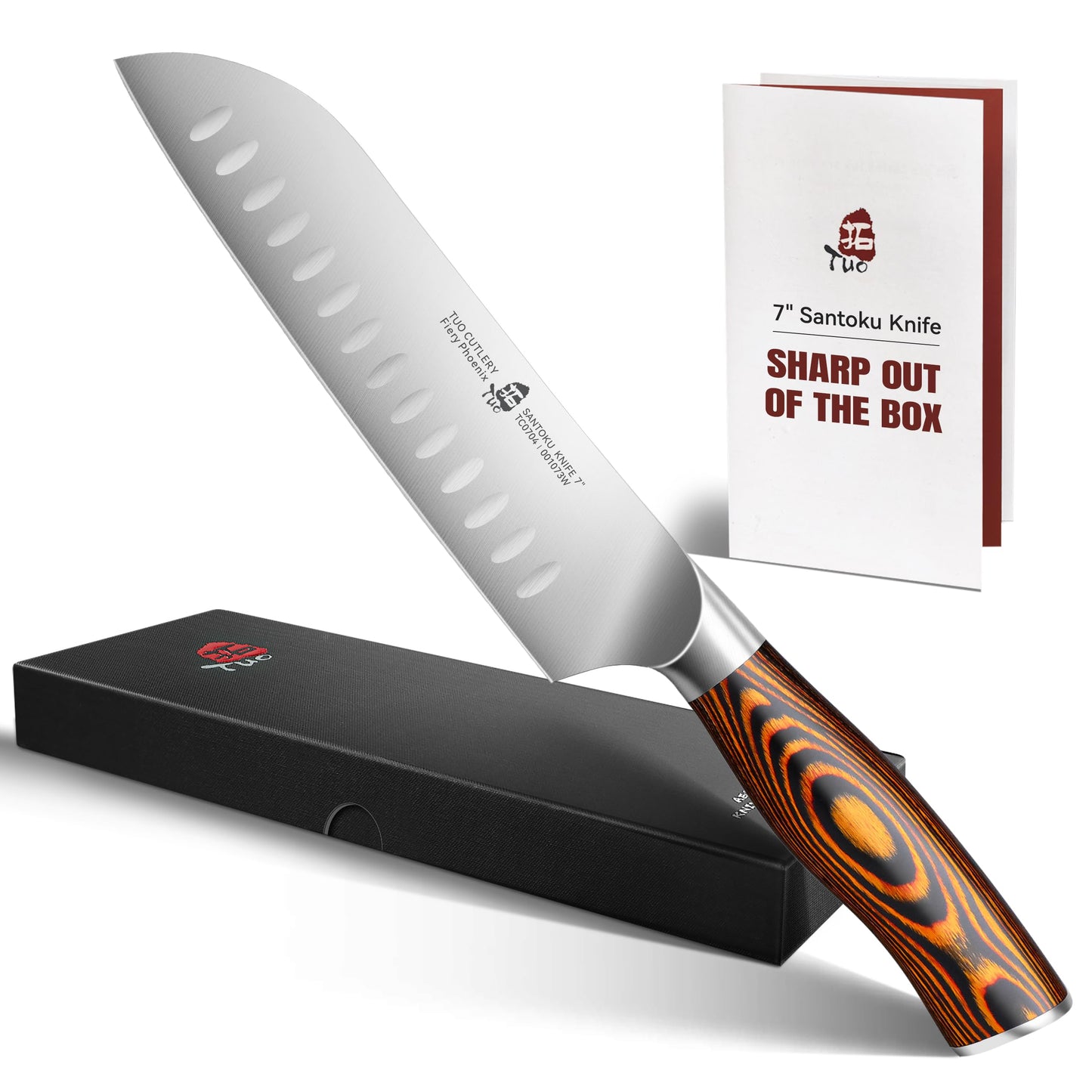 TUO Santoku Knife, 7 inch Japanese Chef Knife for Vegetable Chopping & Meat Dicing, High Carbon German Steel, Ergonomic Handle - Fiery Phoenix Series