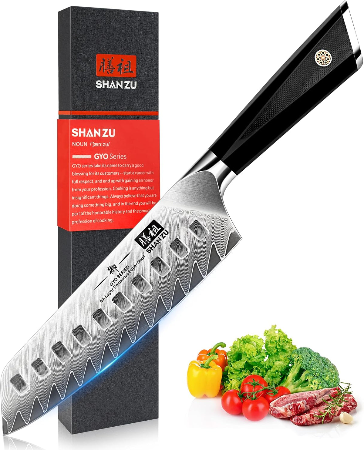 SHAN ZU Damascus Chef Knife Santoku Knife 7 Inch