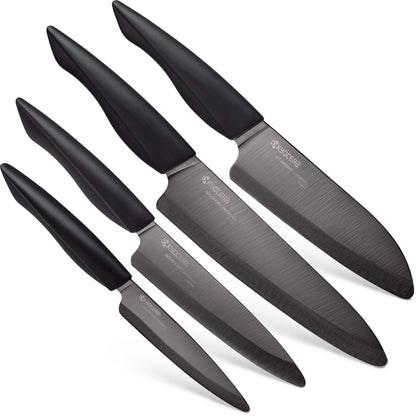 Kyocera Innovation Series Ceramic 6" Chef's Santoku Knife with Soft Touch Ergonomic Handle, Black Blade, Black Handle