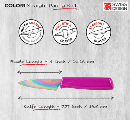 Kuhn Rikon Colori® Paring Knife – 4 Inch Japanese Stainless Steel, Nonstick Blade, Ergonomic Handle & Sheath, Rainbow