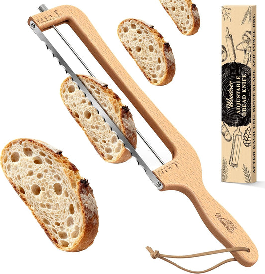 Woodever Adjustable Bread Knife for Home Use, Wooden Sourdough Bread Slicer for Homemade Bread with Bow Design, Premium Stainless Serrated Bread Cutter for Bagels and Baguettes-Natural