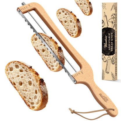 Woodever Adjustable Bread Knife for Home Use, Wooden Sourdough Bread Slicer for Homemade Bread with Bow Design, Premium Stainless Serrated Bread Cutter for Bagels and Baguettes-Natural
