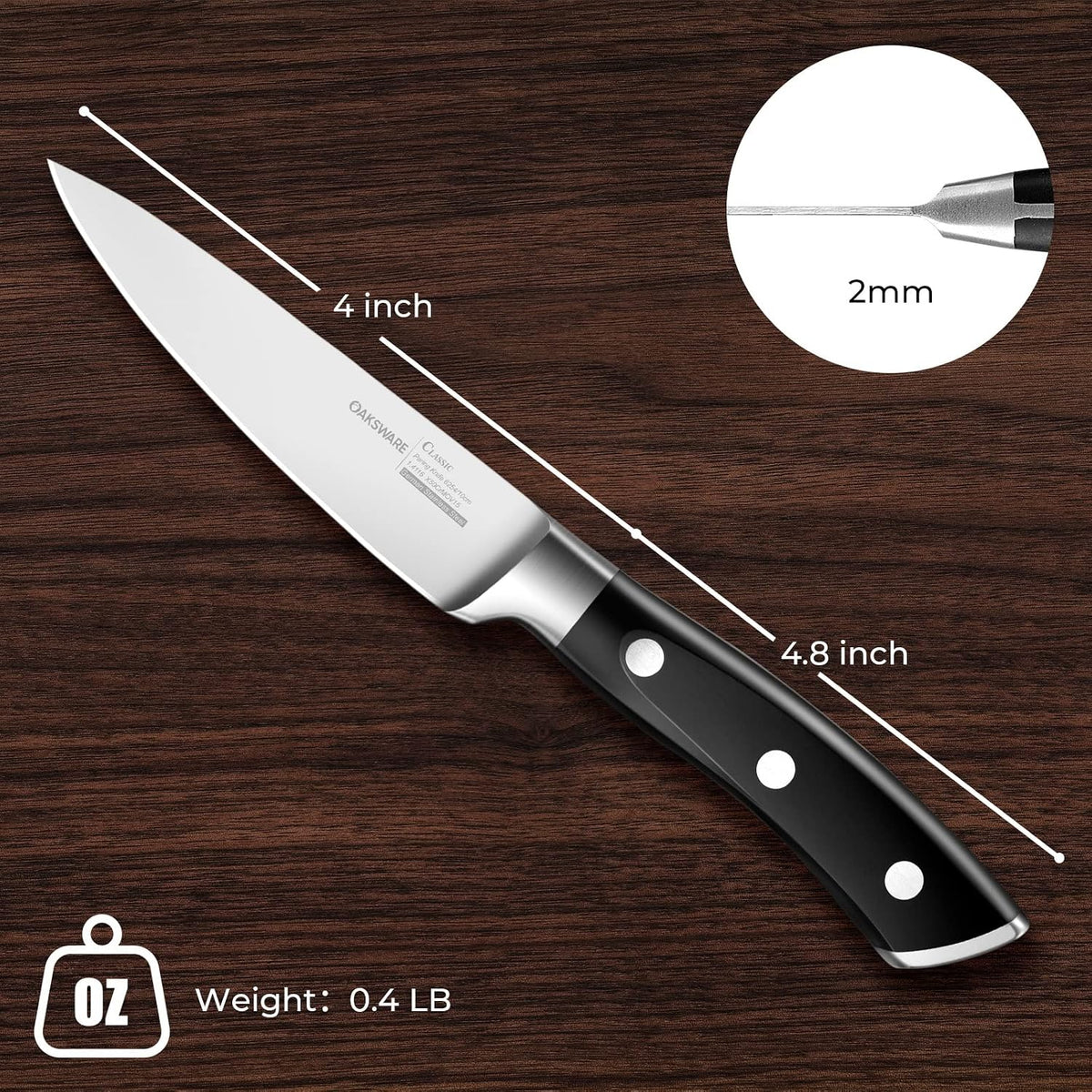 OAKSWARE 4 Inch Classic Paring Knife, German Steel Small Kitchen Knife