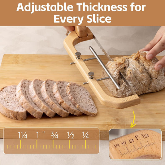 Tievo Adjustable Bread Knife, 5 Thickness Settings Bread Slicer with Guide for Sourdough & Homemade Bread, Bow Knife for Even Slices, Gift for Sourdough Bakers