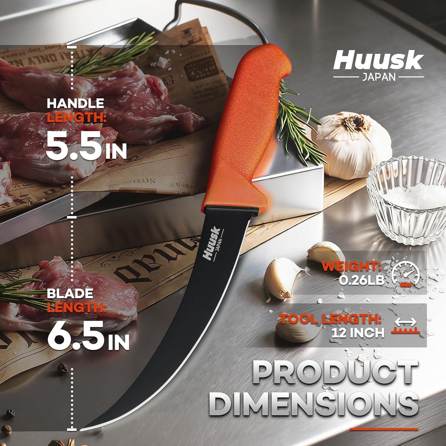 Huusk Curved Boning Knife - 6" Filet Knife for Meat Deboning Non‑Slip Grip
