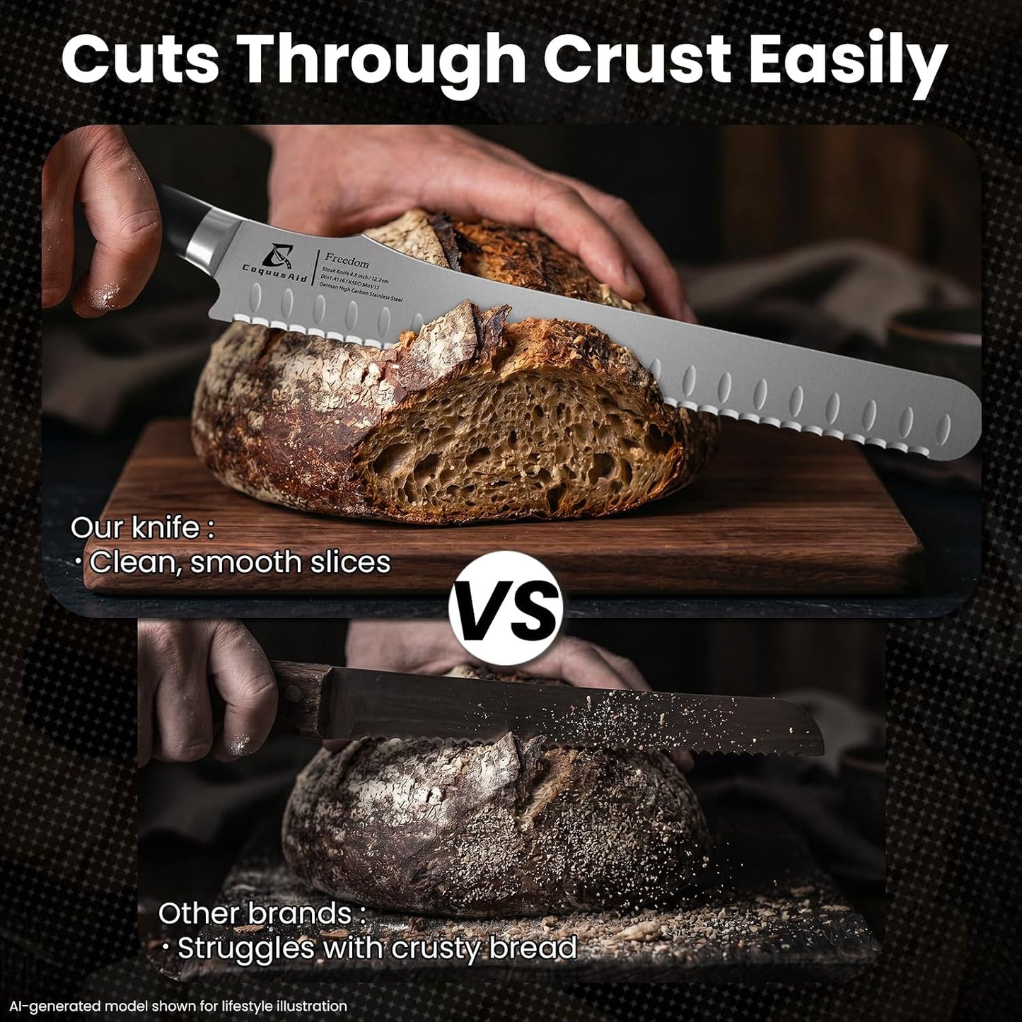 CoquusAid Resharpenable Bread Knife for Homemade Bread, 10.6'' Bread Slicer