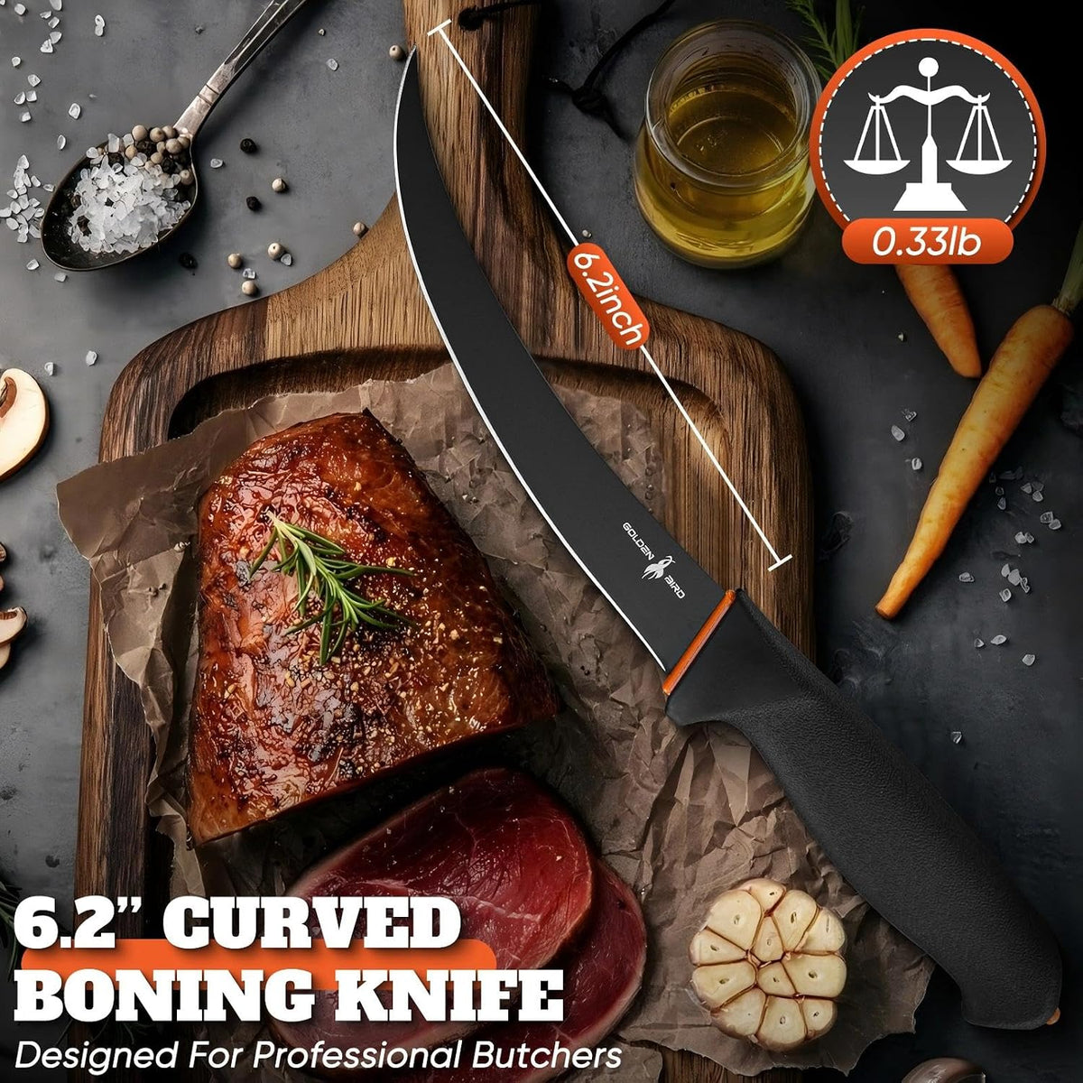 Golden Bird 6 Inch Curved Boning Knife for Meat Cutting with Non‑Slip Grip