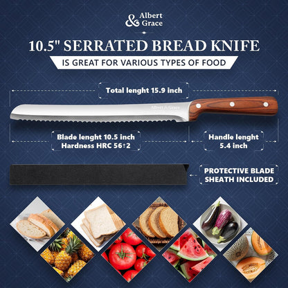 10.5-Inch Serrated Bread Knife with Full-Length Sheath – Ultra Sharp, Low-Crumb Slicing for Sourdough, Homemade Bread & Bagels