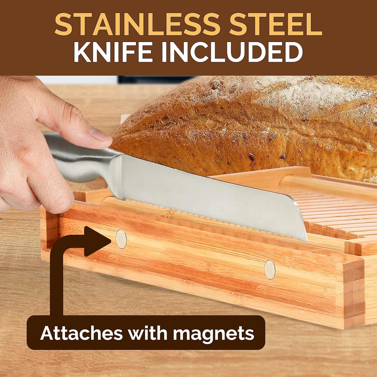 Bambüsi Bread Slicer for Homemade Bread with Knife Sourdough Cutter, Bamboo