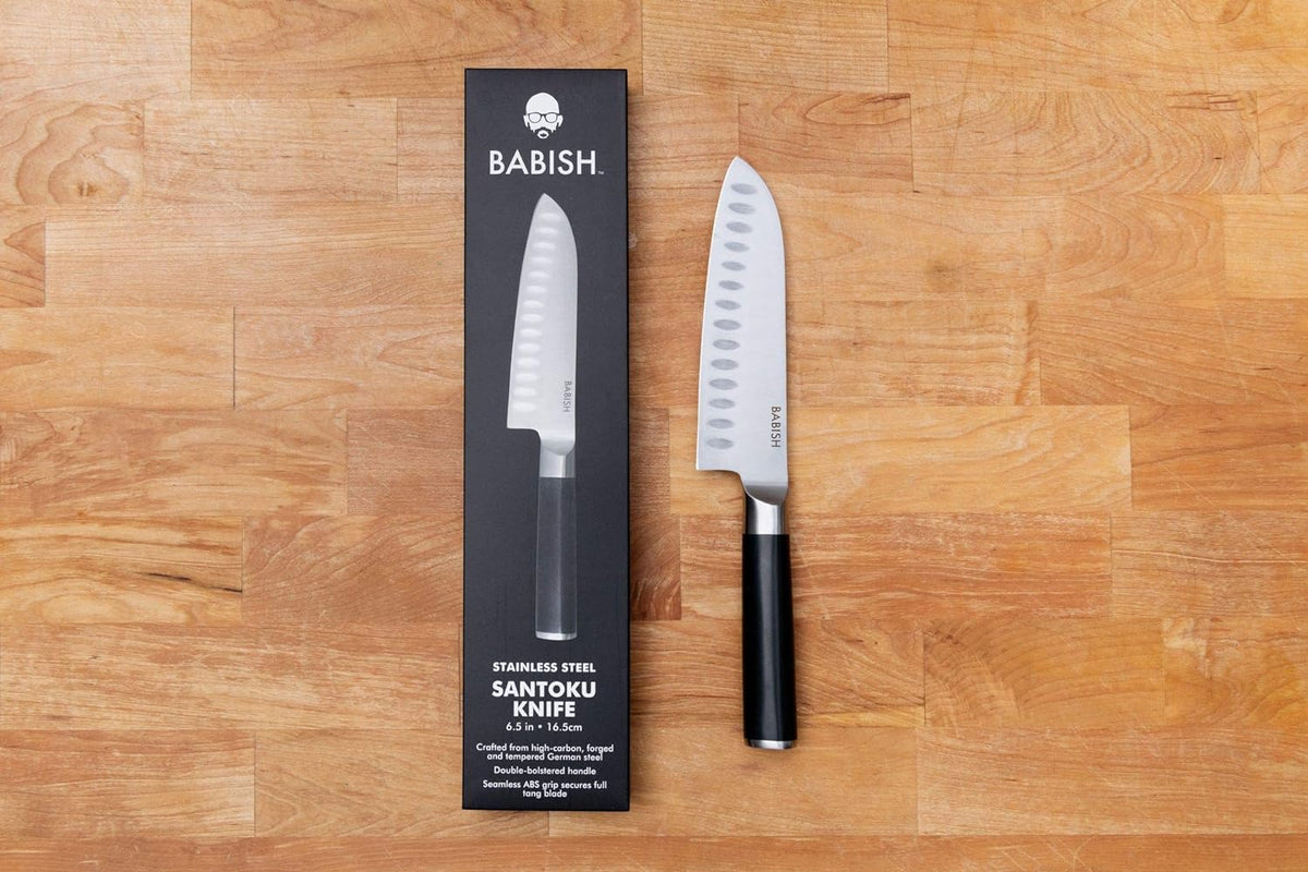 Babish 6.5 Inch Santoku Knife High Carbon 1.4116 German Steel Kitchen Knife Razor Sharp Blade Durable Precision Cutlery for Slicing Dicing Chopping Vegetables Meat and Fish