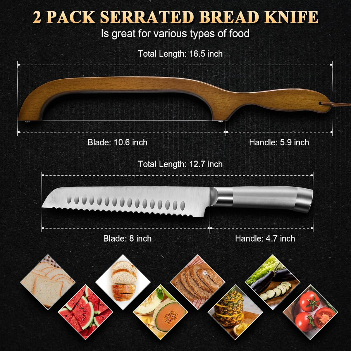 2 Pack Sourdough Bread Knife for Homemade Bread, Serrated Bread Cutter Ergo-Safe Engineering Anti-Stick Bread Bow Knife for Sourdough, Baguettes, Cakes