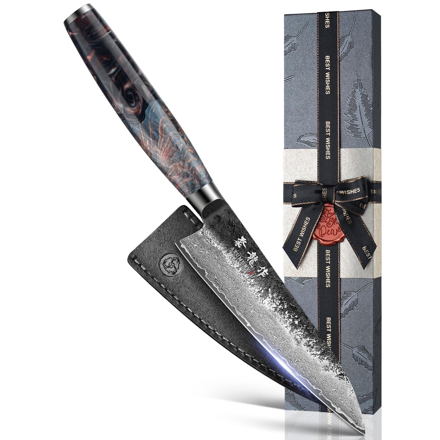 7 Inch Japanese Santoku Knife, Hand-Forged Damascus VG10 Steel Core