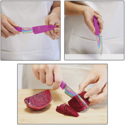 Kuhn Rikon Colori® Paring Knife – 4 Inch Japanese Stainless Steel, Nonstick Blade, Ergonomic Handle & Sheath, Rainbow