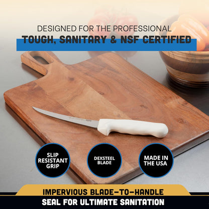 Dexter Russell 1483 Boning Knife, 6" Flexible Curved High Carbon Stain-Free Steel Blade, Textured Non-Slip White Polypropylene Handle, Professional Butcher and Fillet Knife, Made in USA, NSF Certified