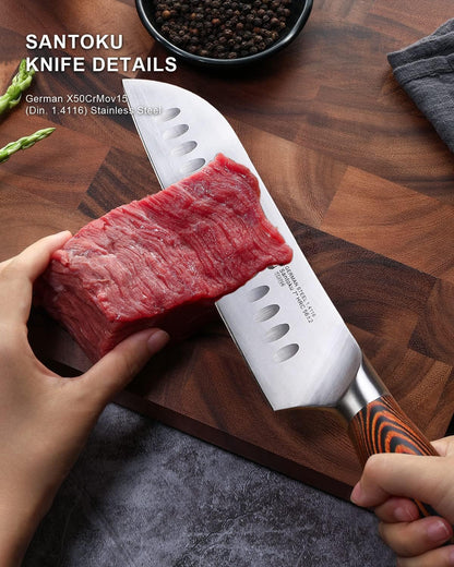 TUO Santoku Knife, 7 inch Japanese Chef Knife for Vegetable Chopping & Meat Dicing, High Carbon German Steel, Ergonomic Handle - Fiery Phoenix Series