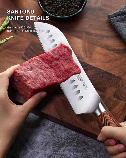 TUO Santoku Knife, 7 inch Japanese Chef Knife for Vegetable Chopping & Meat Dicing, High Carbon German Steel, Ergonomic Handle - Fiery Phoenix Series