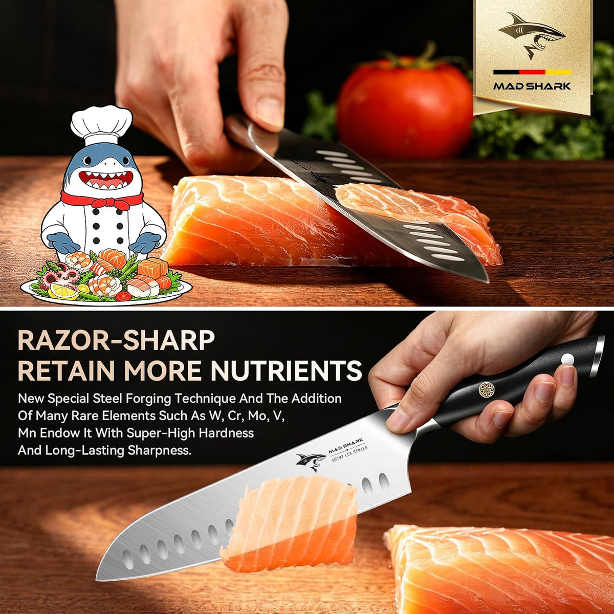 MAD SHARK 8" Santoku Kitchen Chef Knife, Forged German High Carbon Steel
