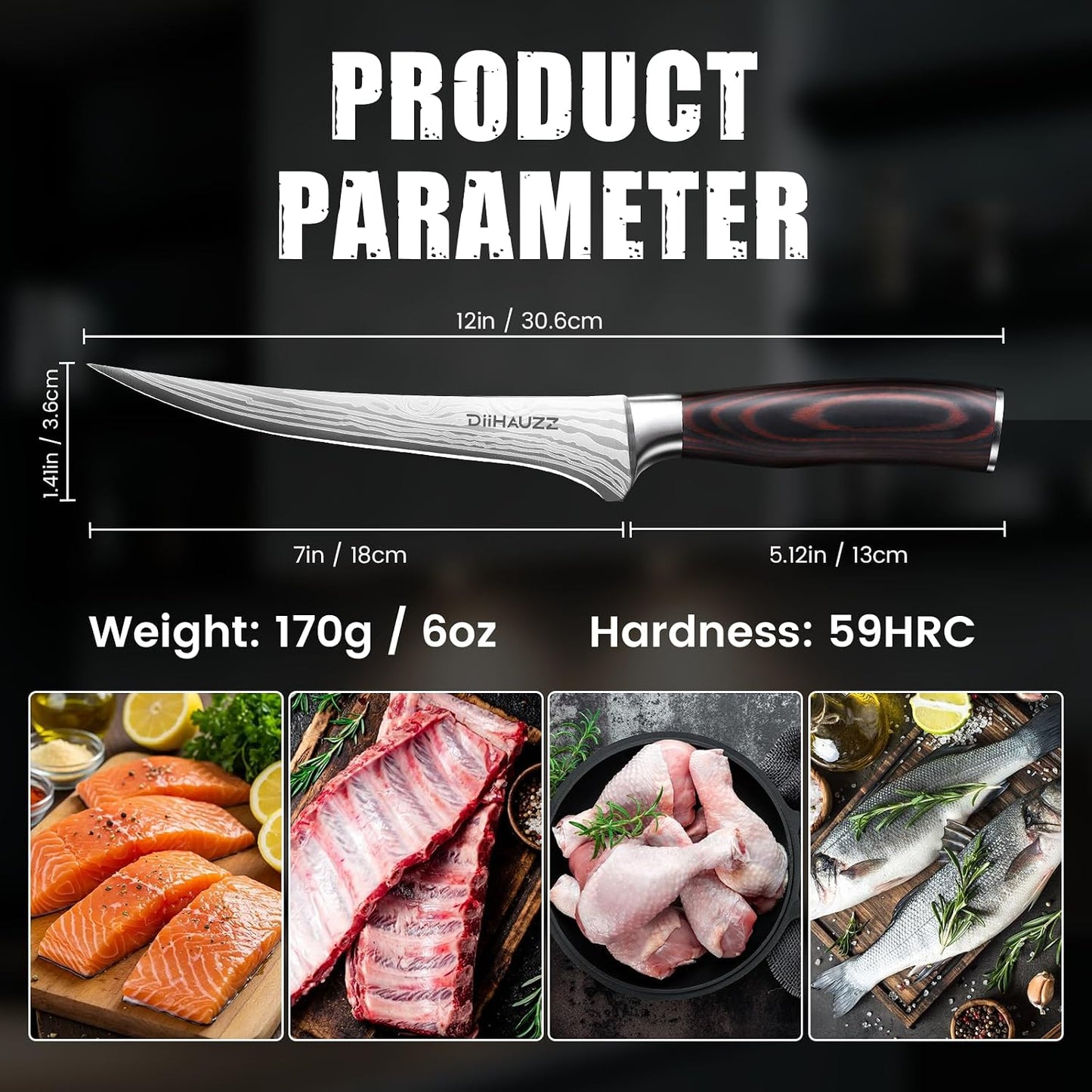 DiiHAUZZ 7 Inch Fillet Knife, Razor Sharp Boning Knife for Fish