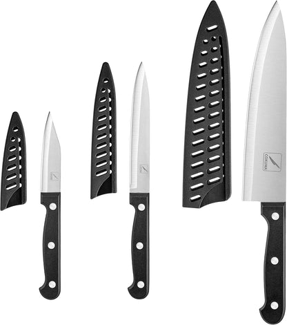 COKUMA Kitchen Knife, 3-Pcs Knife Set With Sheath, 8 Inch Chef Knife, 4.5 Inch Utility Knife, 4 Inch Paring Chef Knife, Stainless Steel, Black