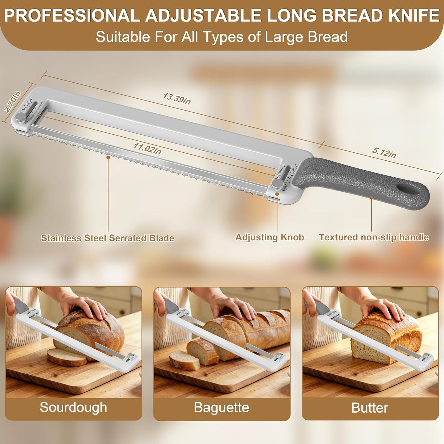 Adjustable Bread Knife for Homemade Bread: 11" Bow Knife Dishwasher-Safe