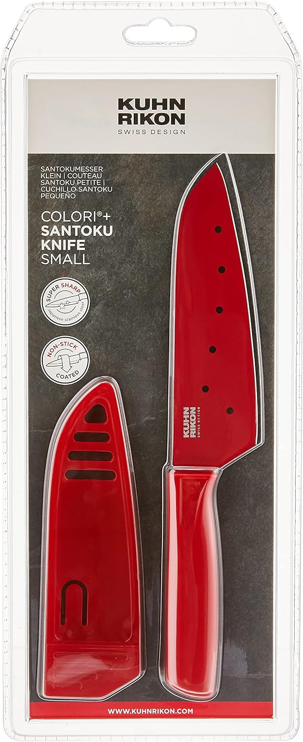 Kuhn Rikon COLORI Non-Stick Santoku Knife with Safety Sheath, 5 inch/12.70 cm Blade, Red