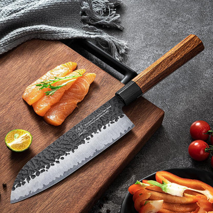 FAMCÜTE 7" Santoku Knife, Hand Forged Sharp Chopping Knife for Easy Cutting