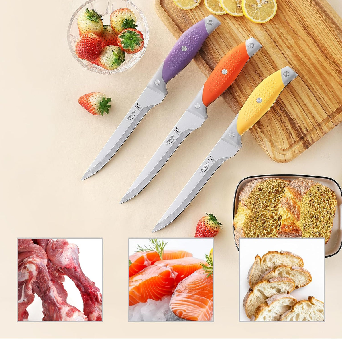 MONGSEW 3PCS Boning Knife, German Stainless Steel Fillet Knives, 6 inch Curved Boning Deboning Filet Fillet Knife for Meat, Fish, Poultry, Cutting, Trimming, Ergonomic Rubber Handle, Dishwasher Safe