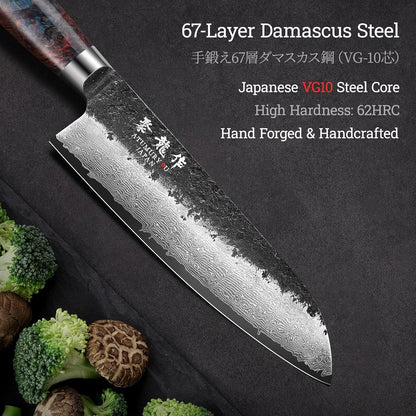 7 Inch Japanese Santoku Knife, Hand-Forged Damascus VG10 Steel Core
