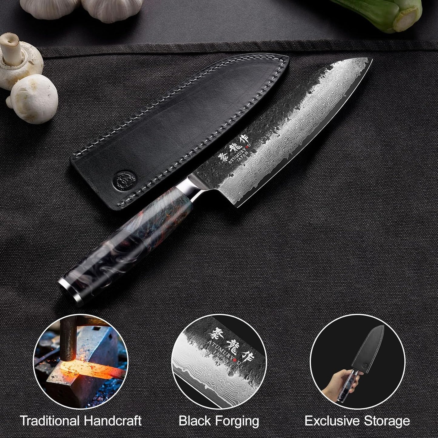7 Inch Japanese Santoku Knife, Hand-Forged Damascus VG10 Steel Core