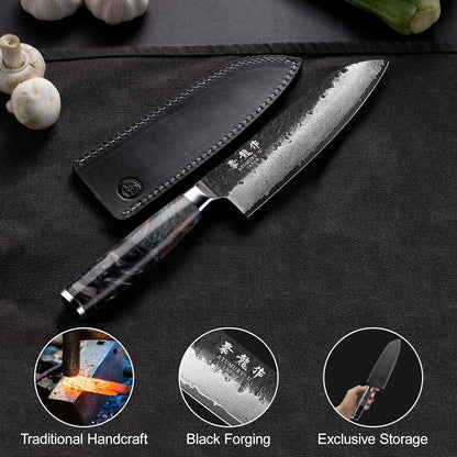 7 Inch Japanese Santoku Knife, Hand-Forged Damascus VG10 Steel Core