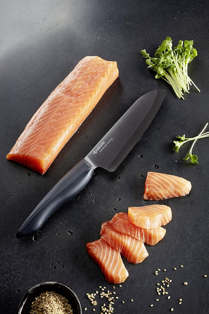 Kyocera Innovation Series Ceramic 6" Chef's Santoku Knife with Soft Touch Ergonomic Handle, Black Blade, Black Handle
