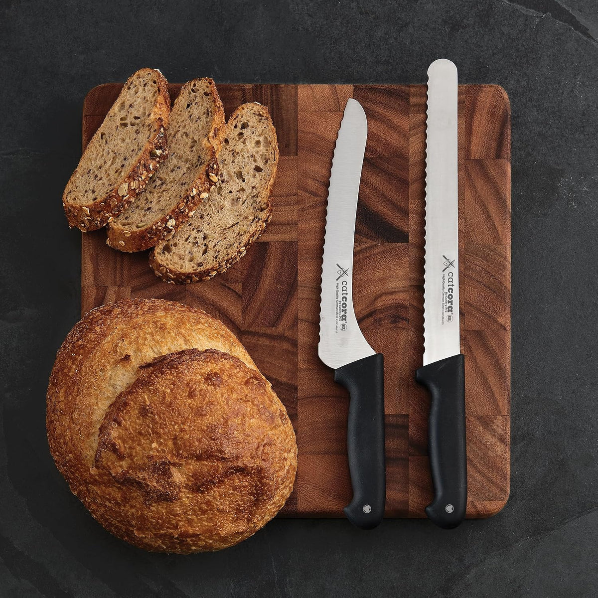CAT CORA Offset Serrated Bread Knife, Professional 9-Inch German Steel Blade For Homemade Sourdough, Artisan Bread Slicing, or Cake Cutting, Ergonomic Soft-Grip Handle, NSF-Certified Kitchen Knife