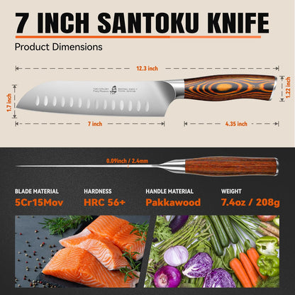 TUO Santoku Knife, 7 inch Japanese Chef Knife for Vegetable Chopping & Meat Dicing, High Carbon German Steel, Ergonomic Handle - Fiery Phoenix Series
