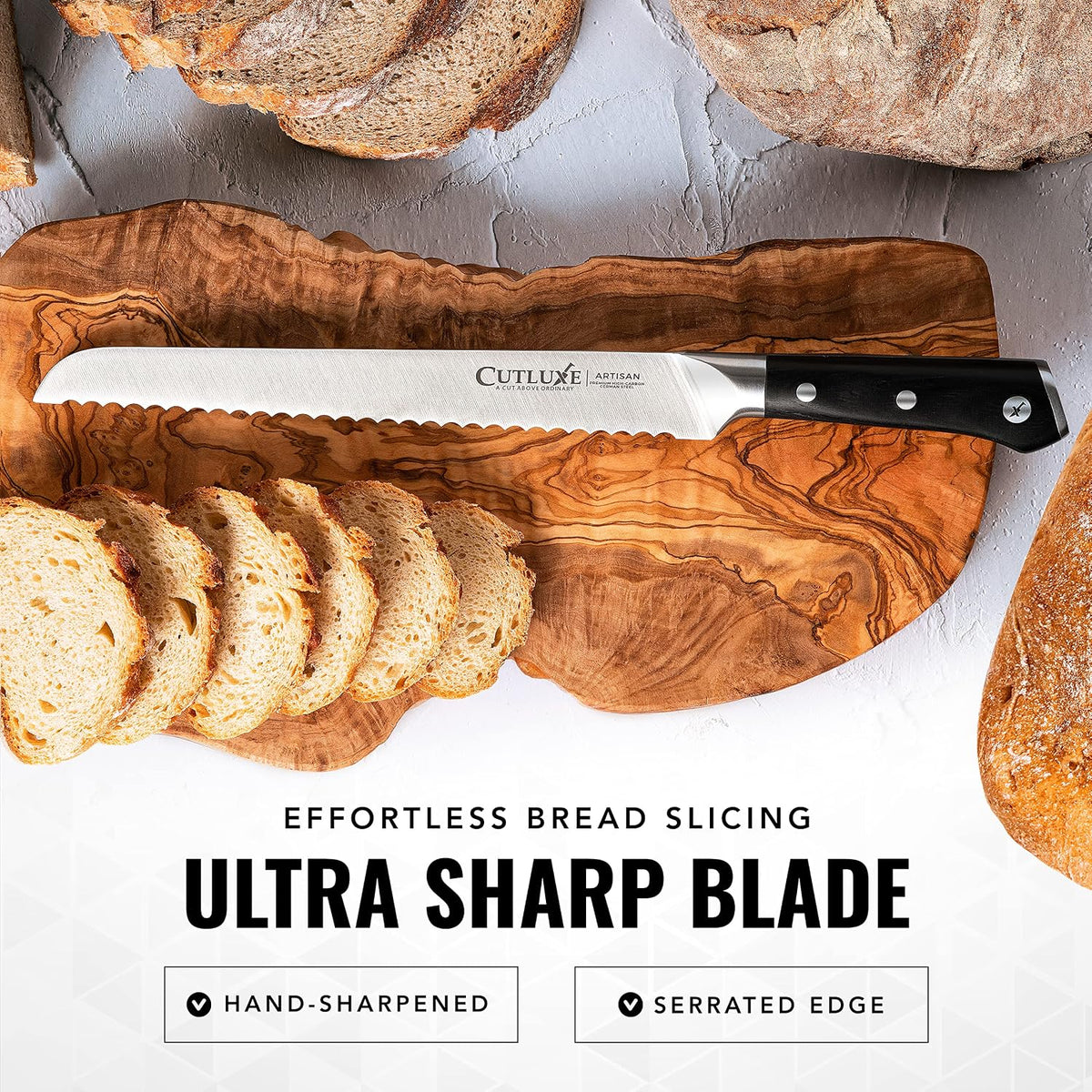 Cutluxe Bread Knife, 10" Serrated Knife for Sourdough & Homemade Bread