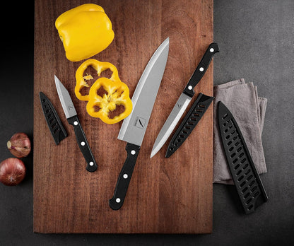COKUMA Kitchen Knife, 3-Pcs Knife Set With Sheath, 8 Inch Chef Knife, 4.5 Inch Utility Knife, 4 Inch Paring Chef Knife, Stainless Steel, Black
